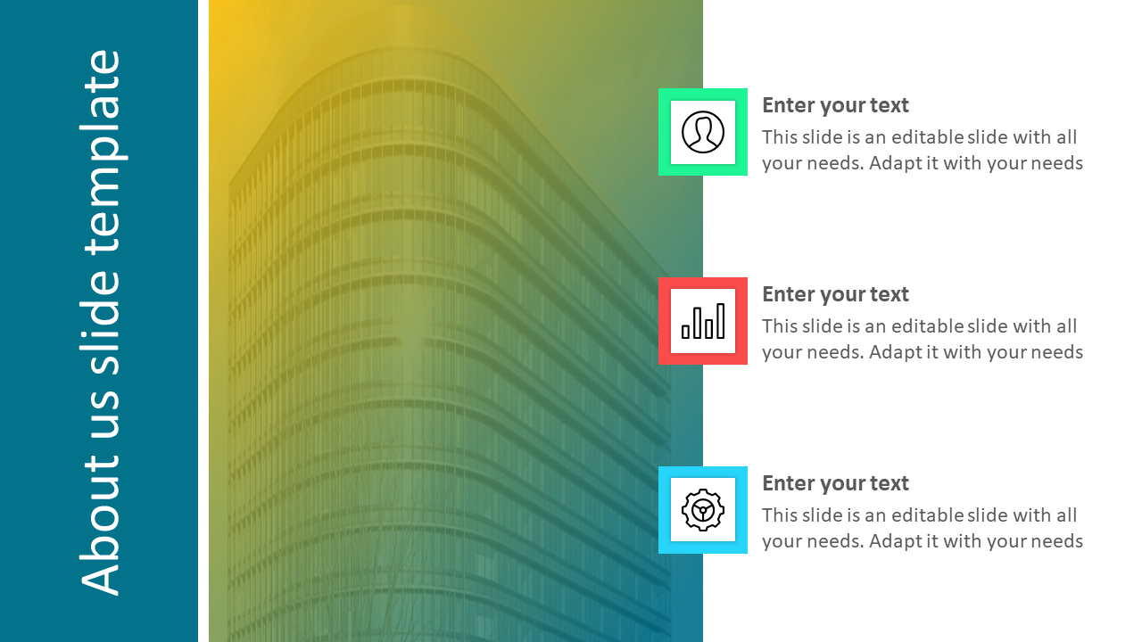 Professional about us PPT slide with colorful icons and modern office building background with placeholder text.