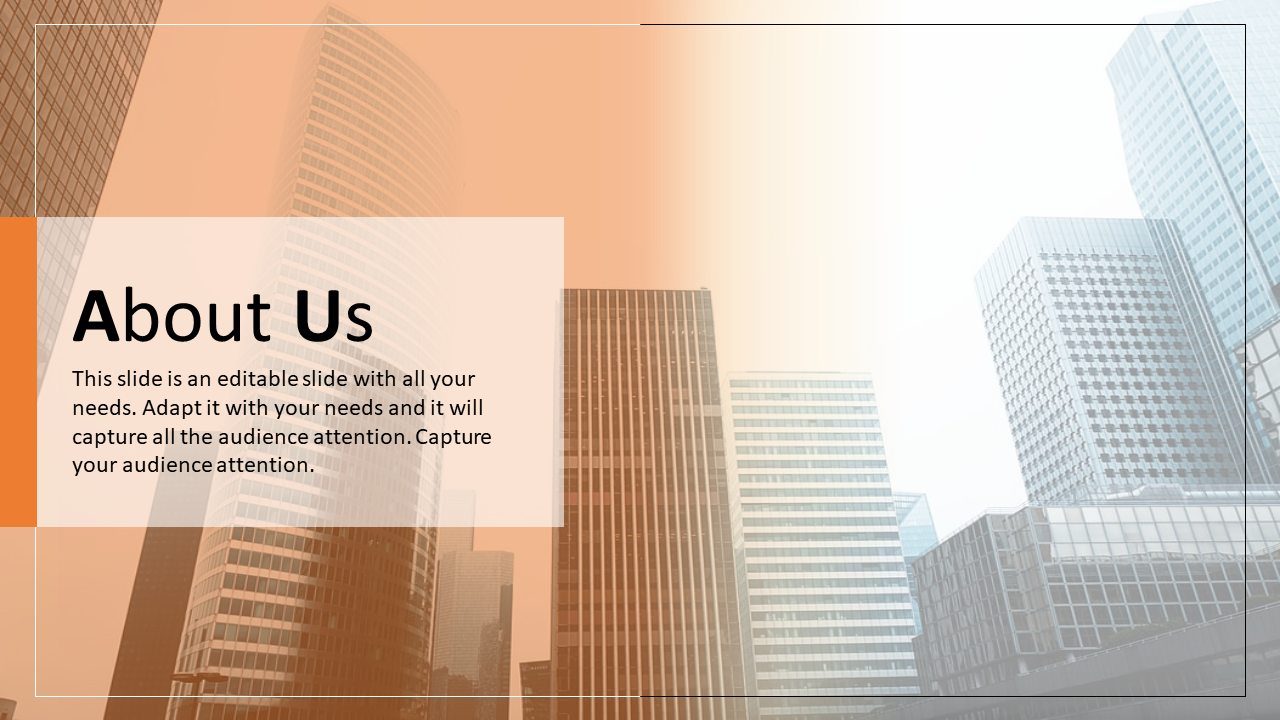 About Us template featuring high rise buildings, a warm orange gradient, and a bold text section on the left.