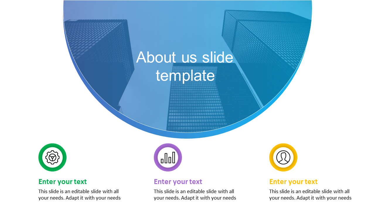 About us PPT slide with colorful icons and a city building background with placeholder text.