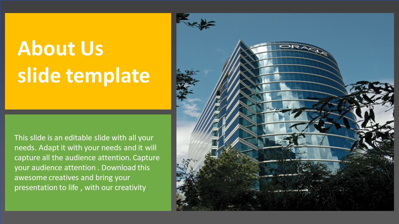 About us slide with a dark gray background, featuring yellow and green text boxes, and a glass office building on the right.