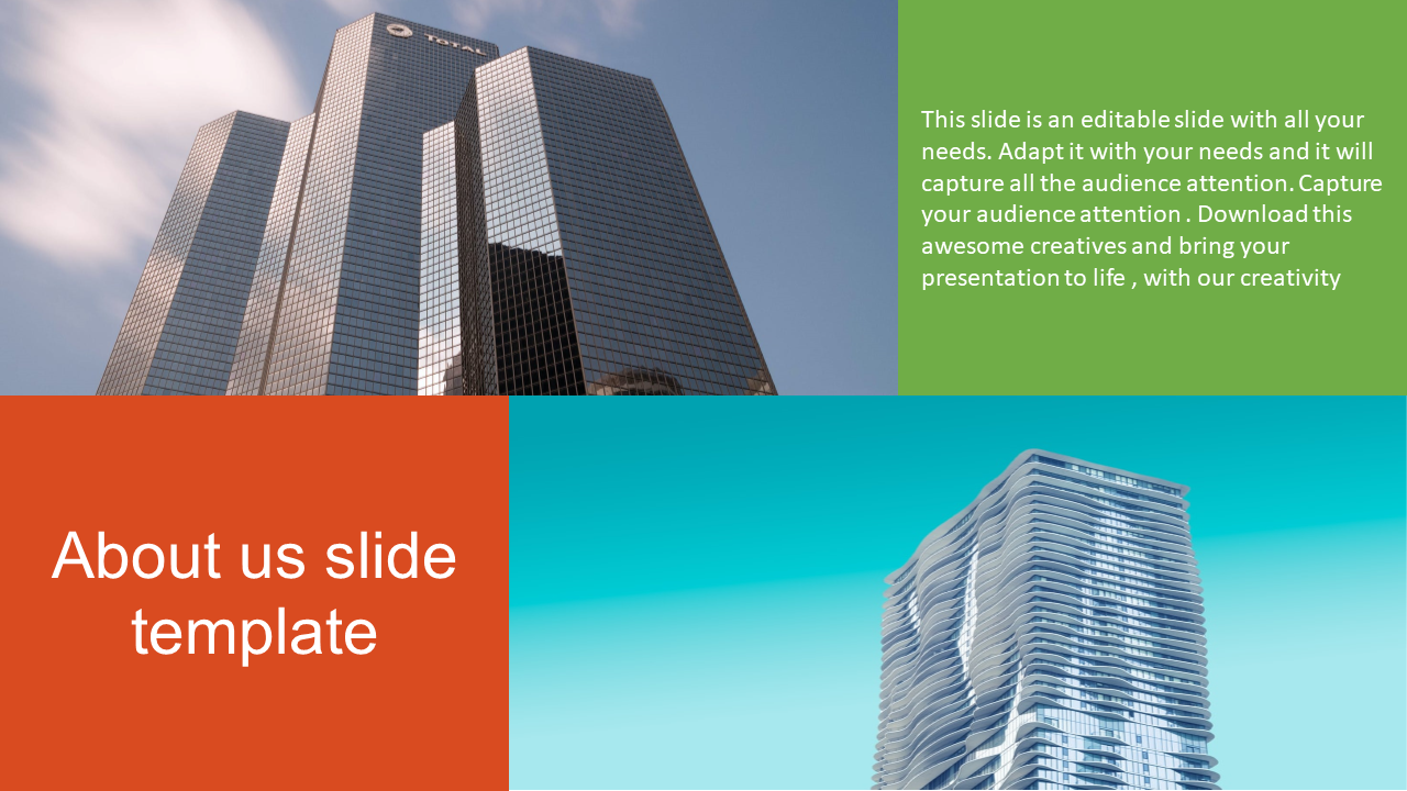 About Us template with a glass skyscraper, a curved residential tower, and colored sections for title and description.
