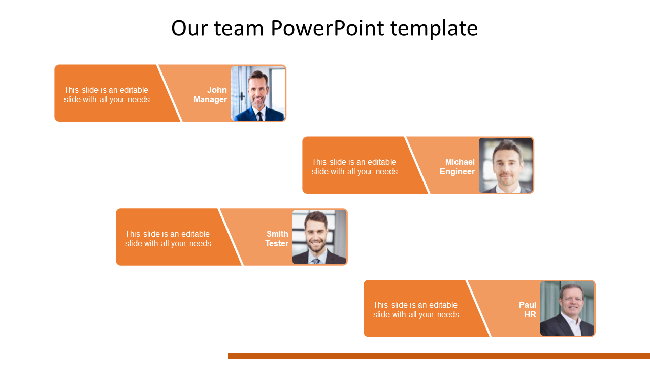 Our team PPT template featuring photos and titles for John, Michael, Smith, and Paul with placeholder text in orange sections.