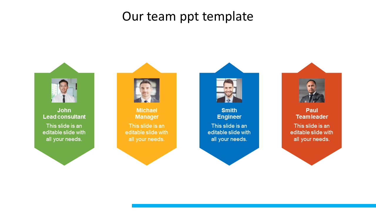 Our team slide with four arrow shaped cards in green, yellow, blue, and red, each featuring a photo and text.