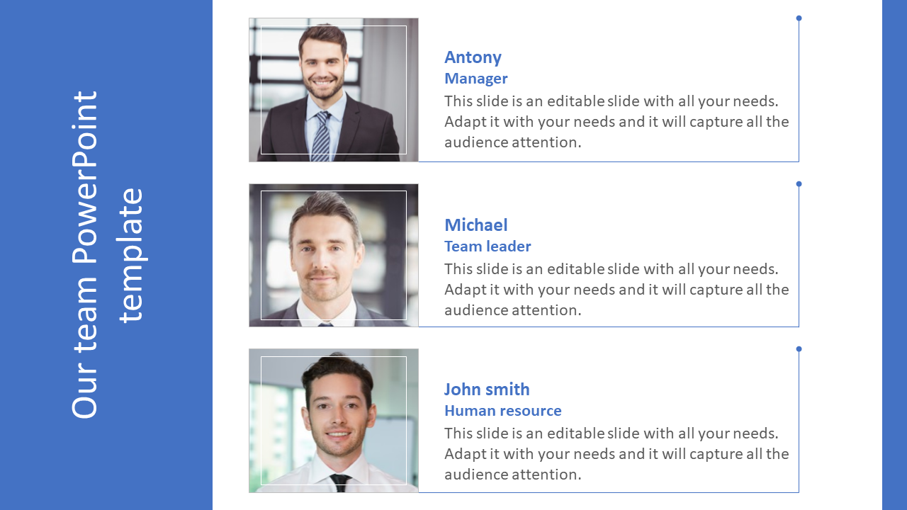 Slide with three team members in a white and blue layout, each with a photo, name, role, and description.