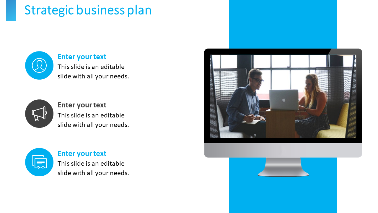 Business plan slide with three blue and black icons and a computer screen on the right displaying a meeting scene.