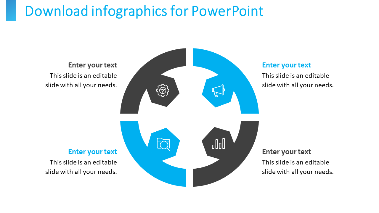 Slide with a circular infographic, featuring alternating blue and black segments, and four icons representing concepts.