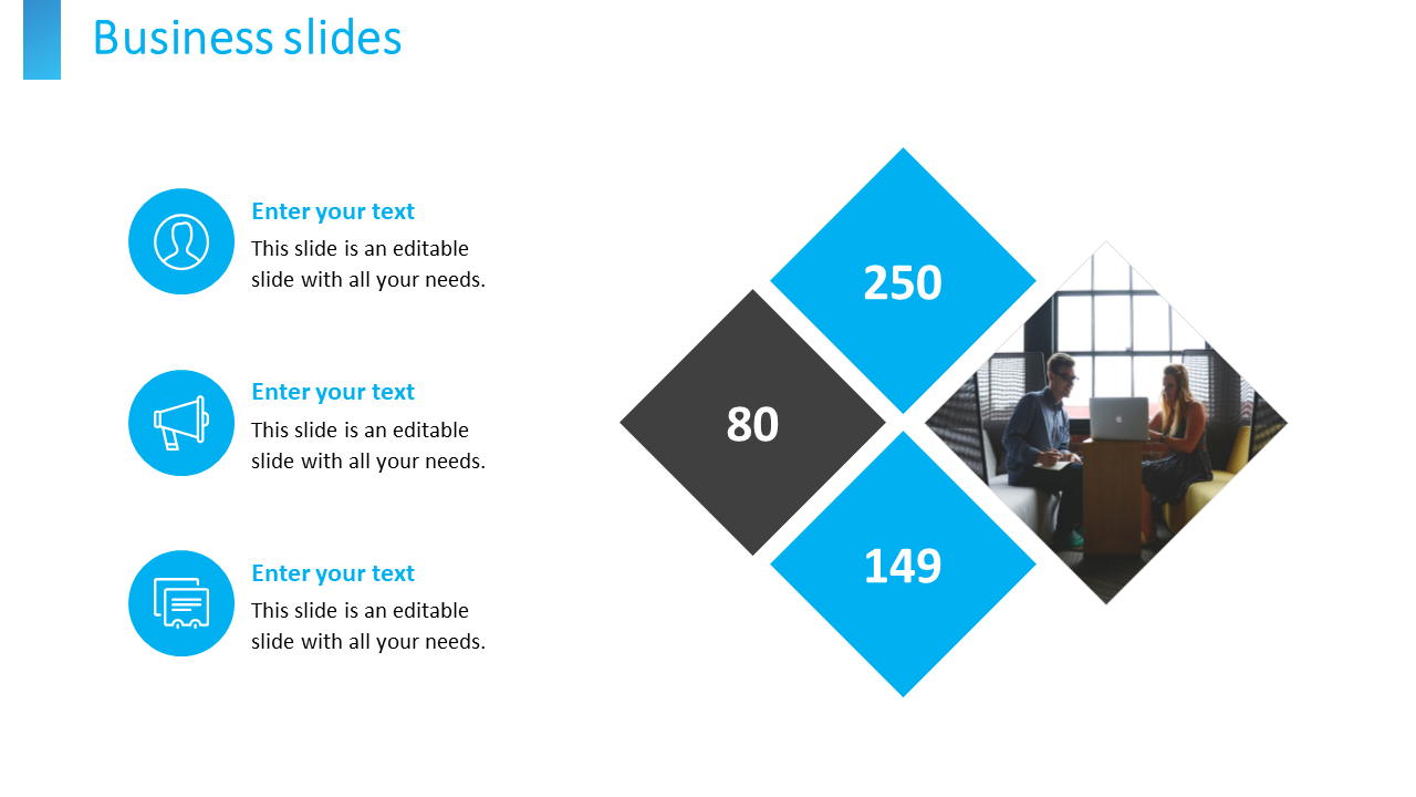 Business slide with three blue icons on the left and four diamond shaped infographic with numbers and an image on the right.