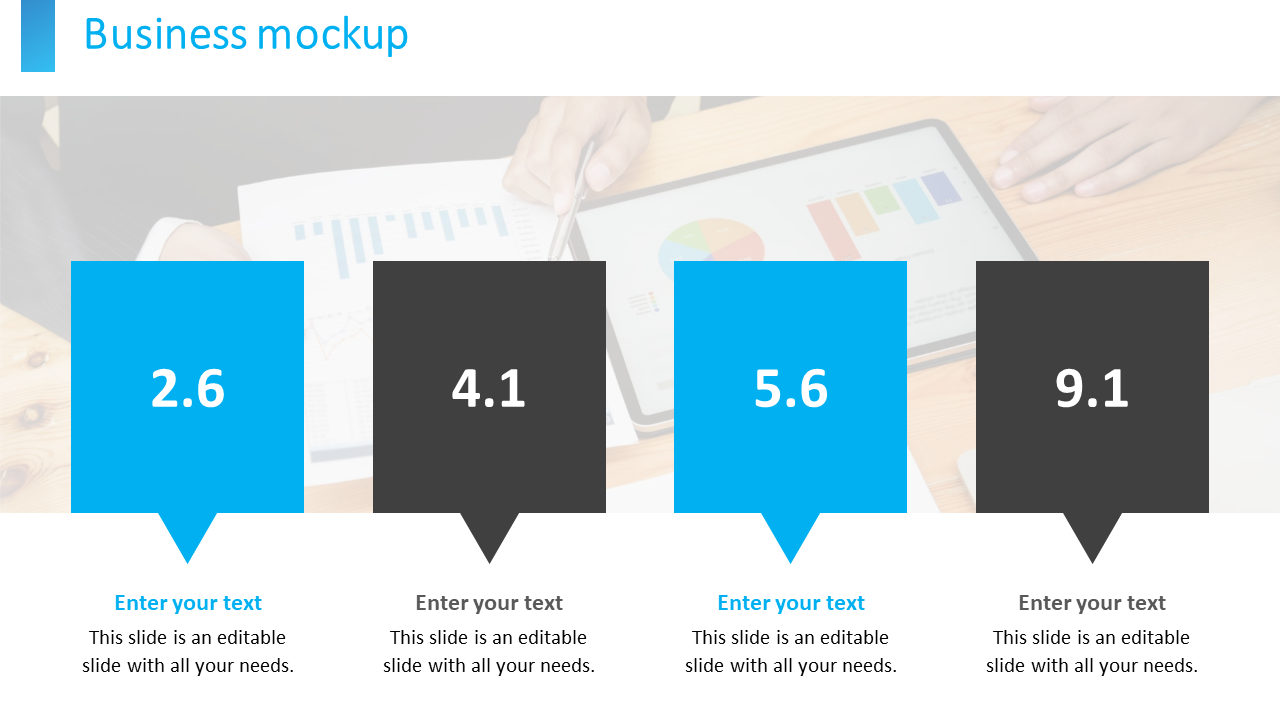 Business mockup slide with four text boxes labeled, with a background image of a person analyzing charts on a tablet.