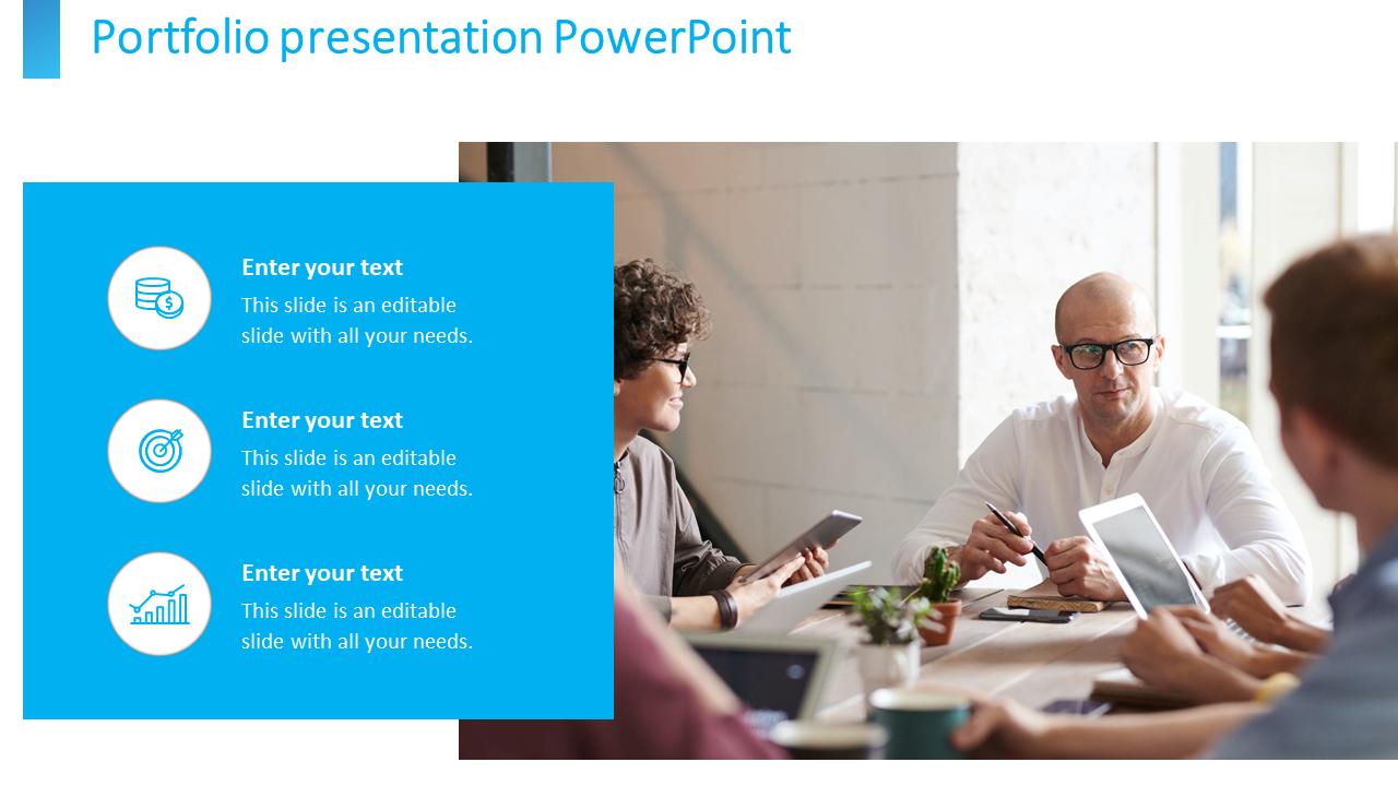 Portfolio PPT slide featuring three sections with icons for money, target, and data chart, next to a business meeting image.