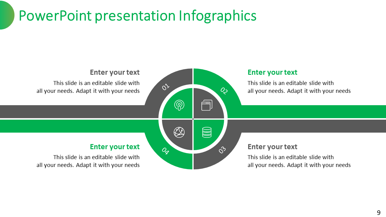 Infographic slide featuring a circular diagram with four quadrants in green and black color scheme, each with icons.