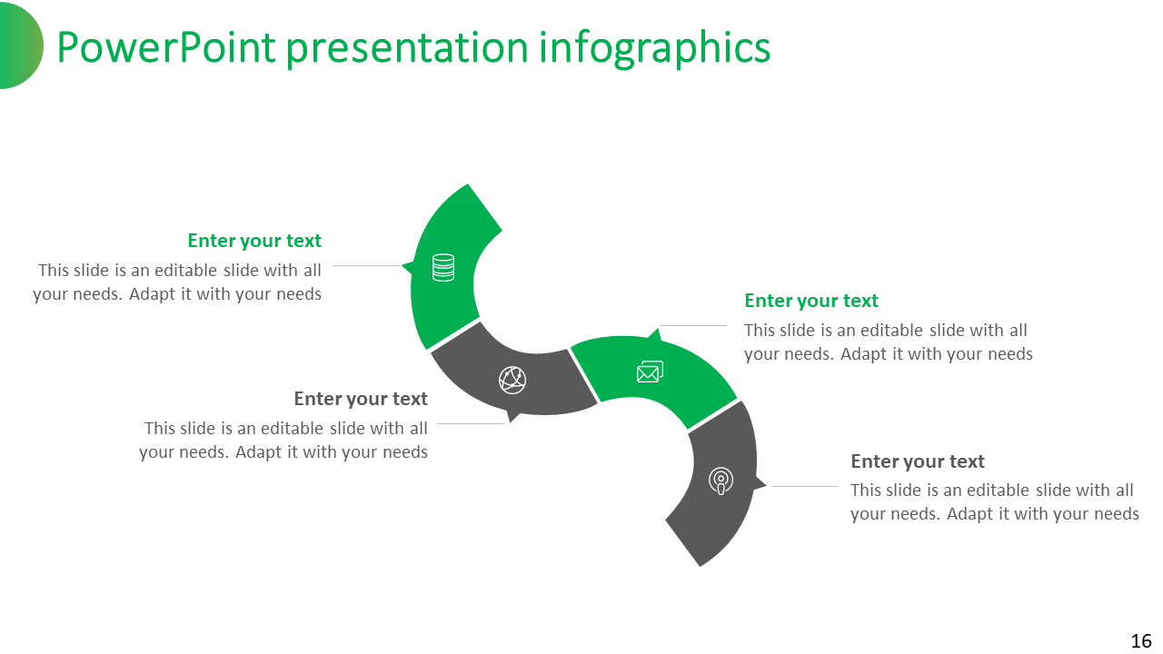 Infographic slide with a curved layout in green and gray, featuring icons and space for adding text.