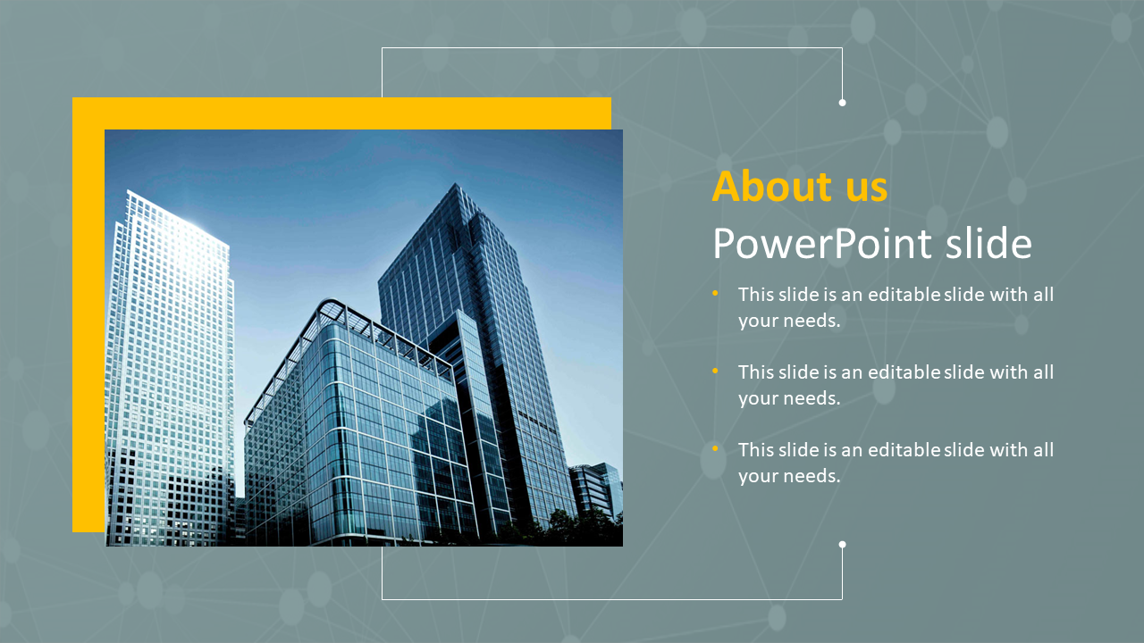 About Us PowerPoint slide with an image of a modern office building and text sections.