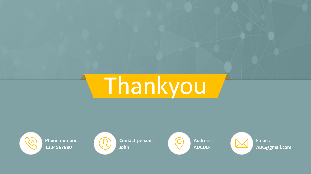 Thank you slide with a yellow banner, four icons for contact details, on a blue background with a network style pattern.