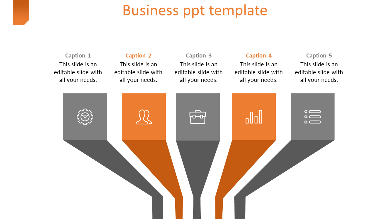 Business PowerPoint template with five colorful sections featuring icons for settings, people, tools, charts, and lists.