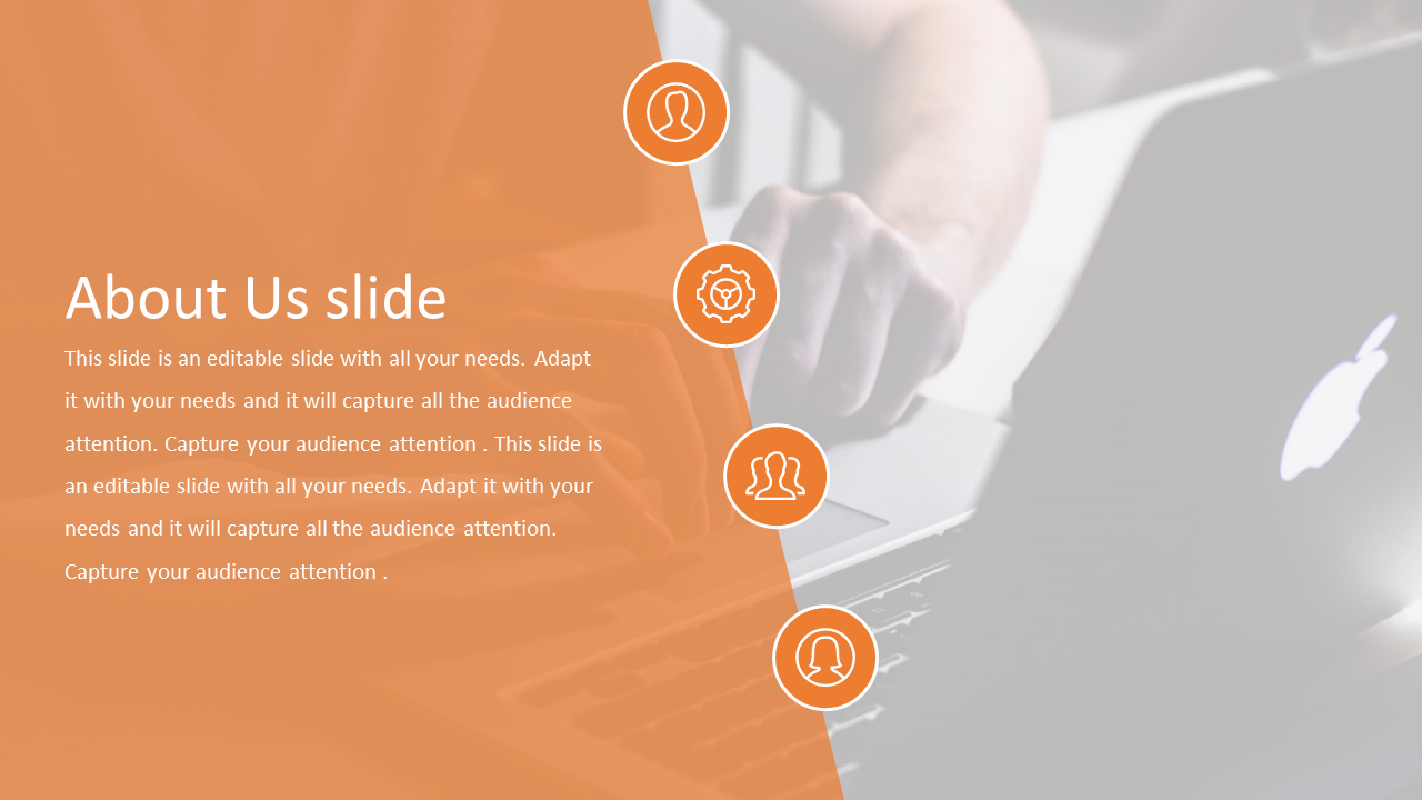 About us slide with an orange overlay, featuring text, and four circular icons, on a blurred laptop image.