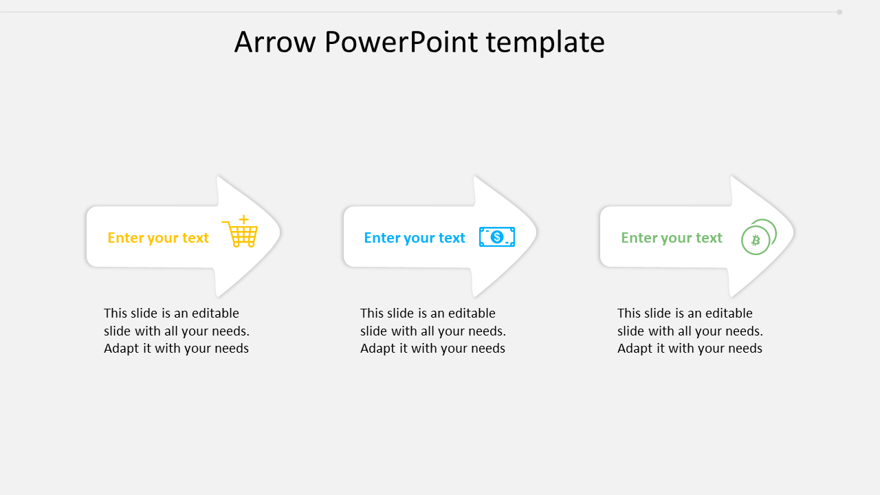Arrow PPT template with three arrows, each labeled with icons for shopping, currency, and Bitcoin with placeholder text.