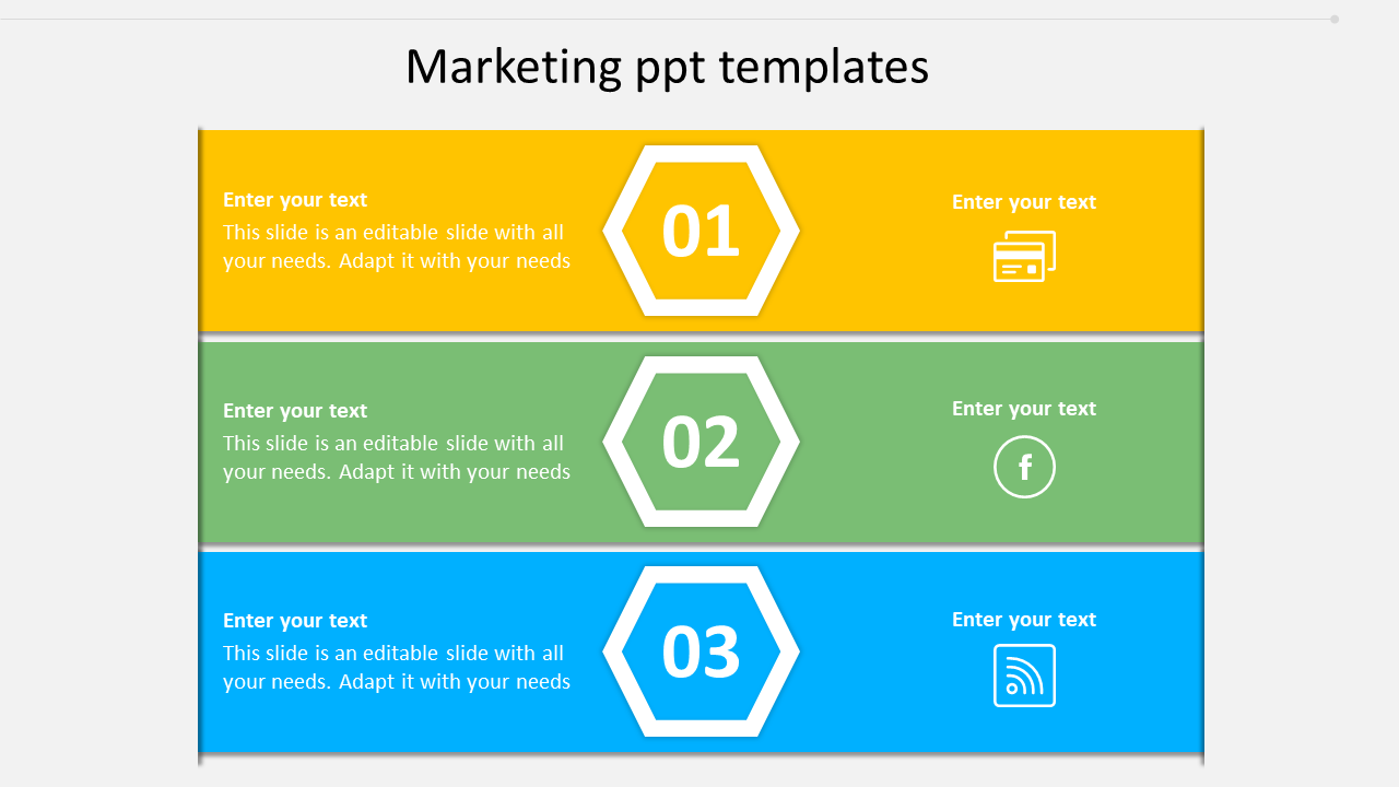 Marketing slide with three horizontal sections in yellow, green, and blue, each featuring a hexagonal number label.