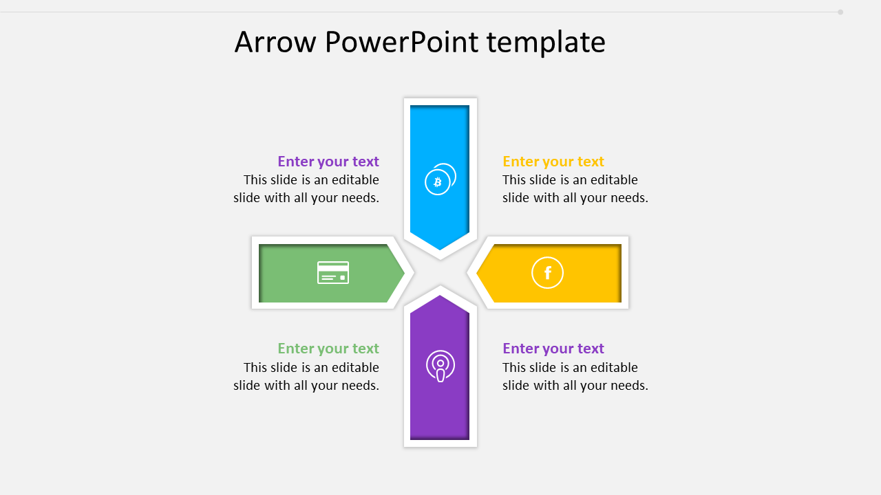 Infographic template featuring a cross shaped arrow design in blue, yellow, green, and purple with icons.
