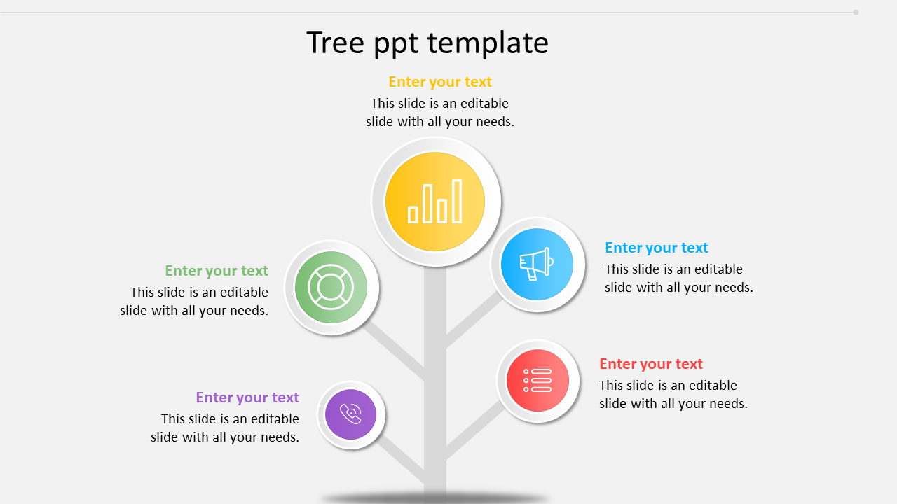 Tree shaped infographic with five colorful circular icons in yellow, green, blue, purple, and red, showing business concepts.
