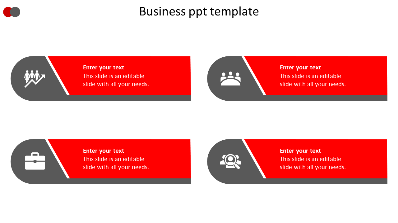 Business PowerPoint template featuring four grey and red colored text boxes with icons on a white backdrop.