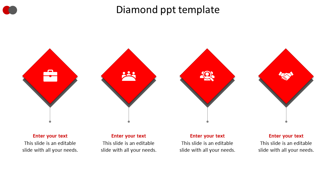 Slide with four red diamond shaped icons featuring business symbols, aligned horizontally on a white background.