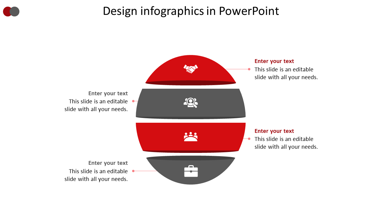 Infographic PowerPoint slide design with red and grey layered sections, each featuring icons with placeholder text.