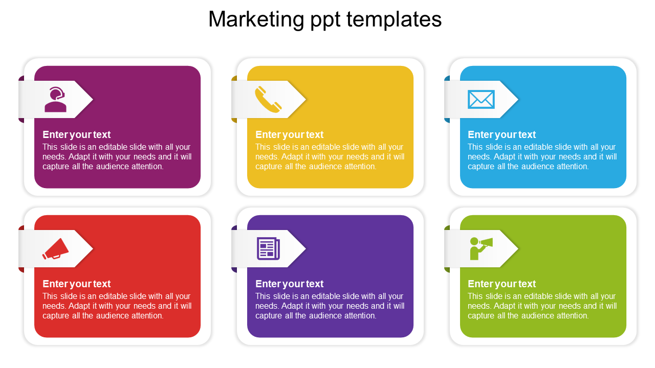 Colorful marketing PowerPoint template with icons and placeholder text on a white backdrop.