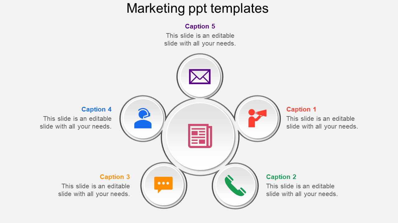 Colorful marketing PowerPoint template with icons in a circular format with captions and placeholder text.