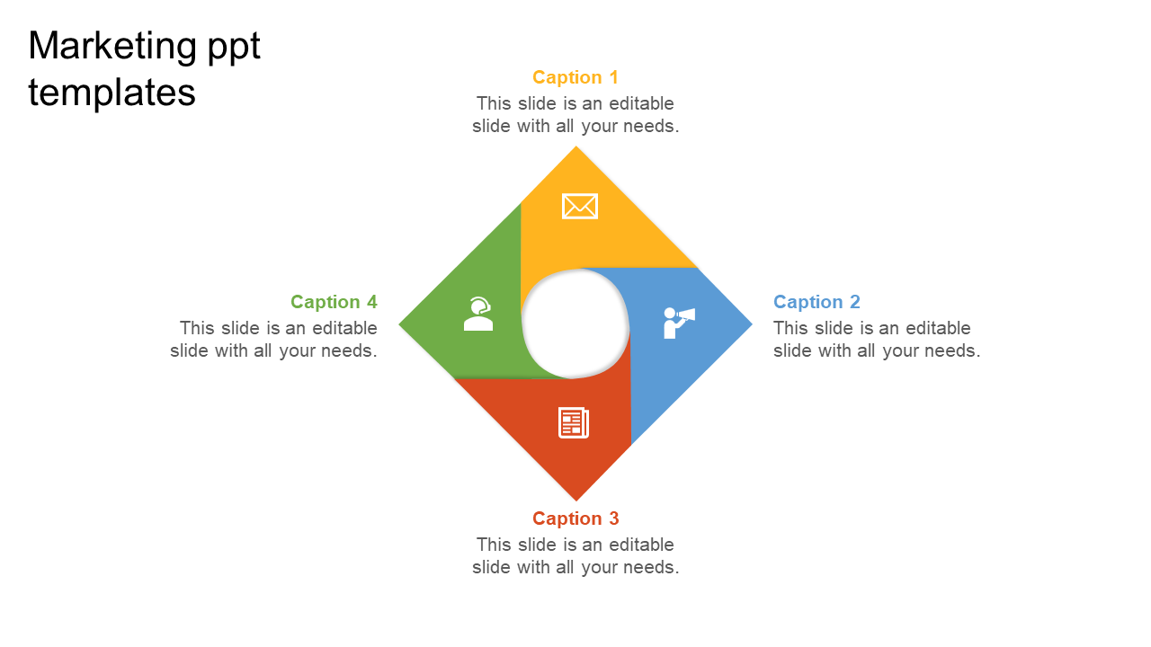 Colorful marketing PPT slide featuring icons for email, customer support, media, and business strategy with captions.