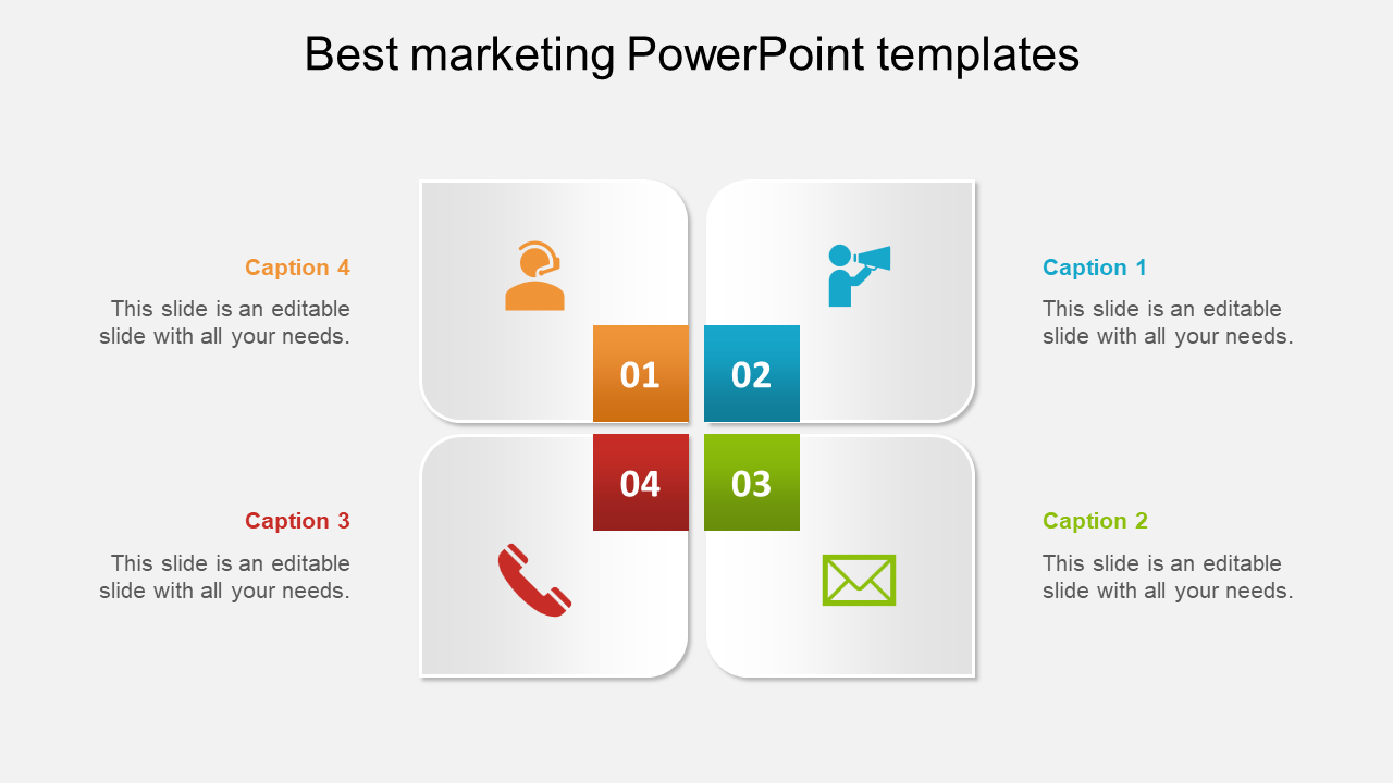 Four color coded squares in orange, blue, green, and red, each with marketing icons arranged in a grid layout.