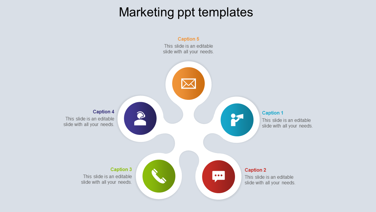 Marketing diagram with five icons for communication methods, including email, call, chat, and support, connected centrally.