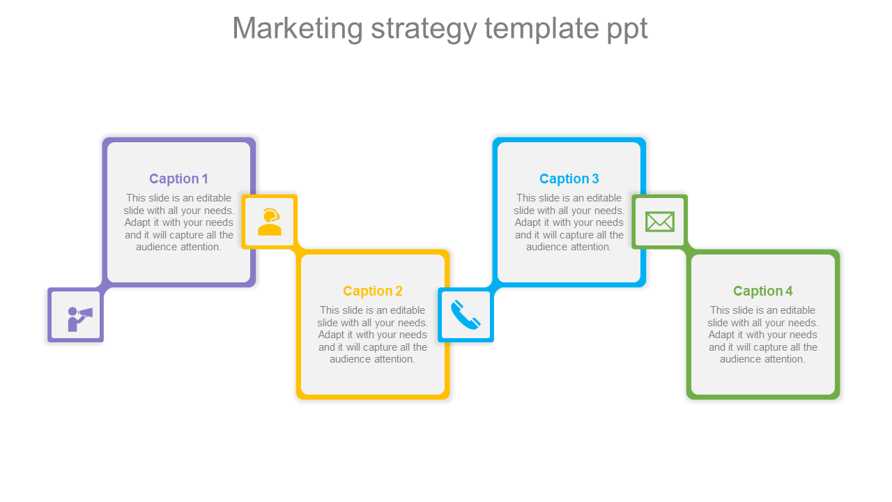 Marketing slide with four colored square icons in purple, yellow, blue, and green, arranged in a row with symbols.