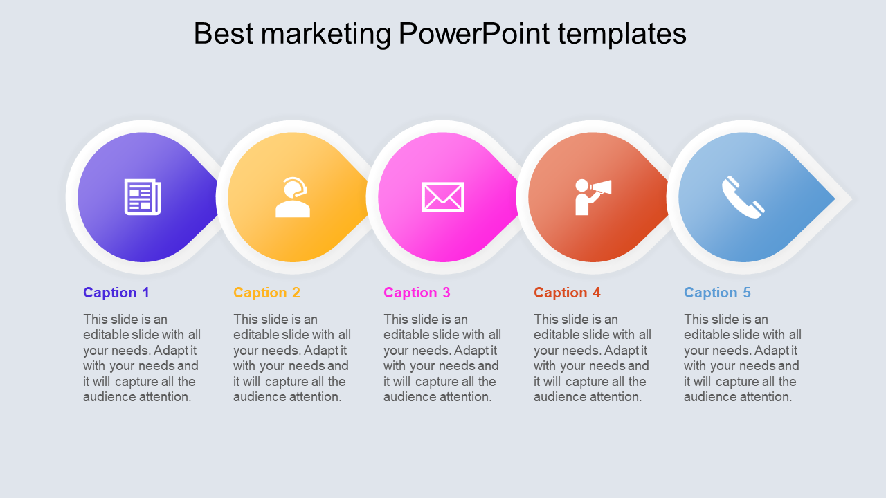 Marketing slide with five colorful circles in purple, yellow, pink, orange, and blue, with icons, on a gray background.
