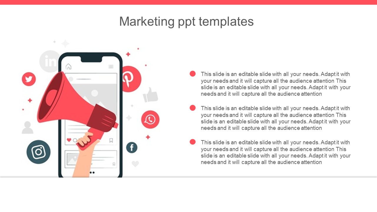 Marketing slide with a smartphone and a hand holding a red megaphone, surrounded by social media icons on a light background.