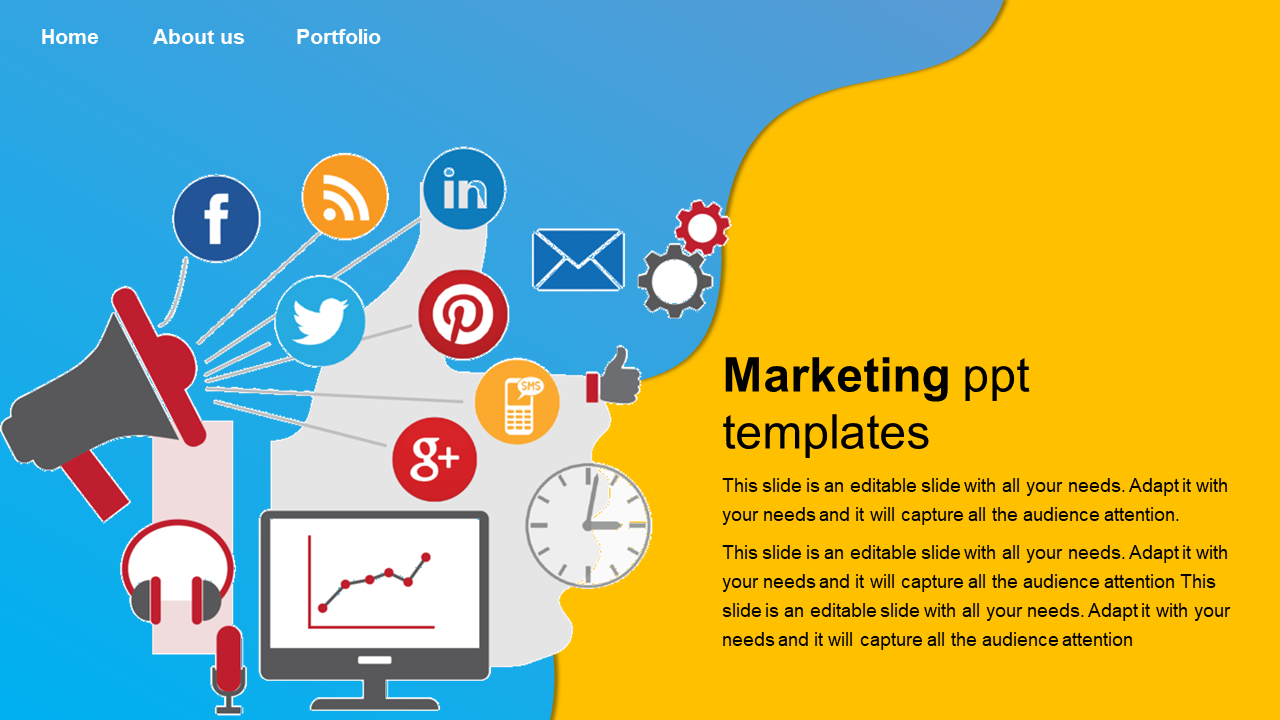 Social media marketing with a megaphone, digital icons, a graph on a monitor, and a mix of communication elements. 