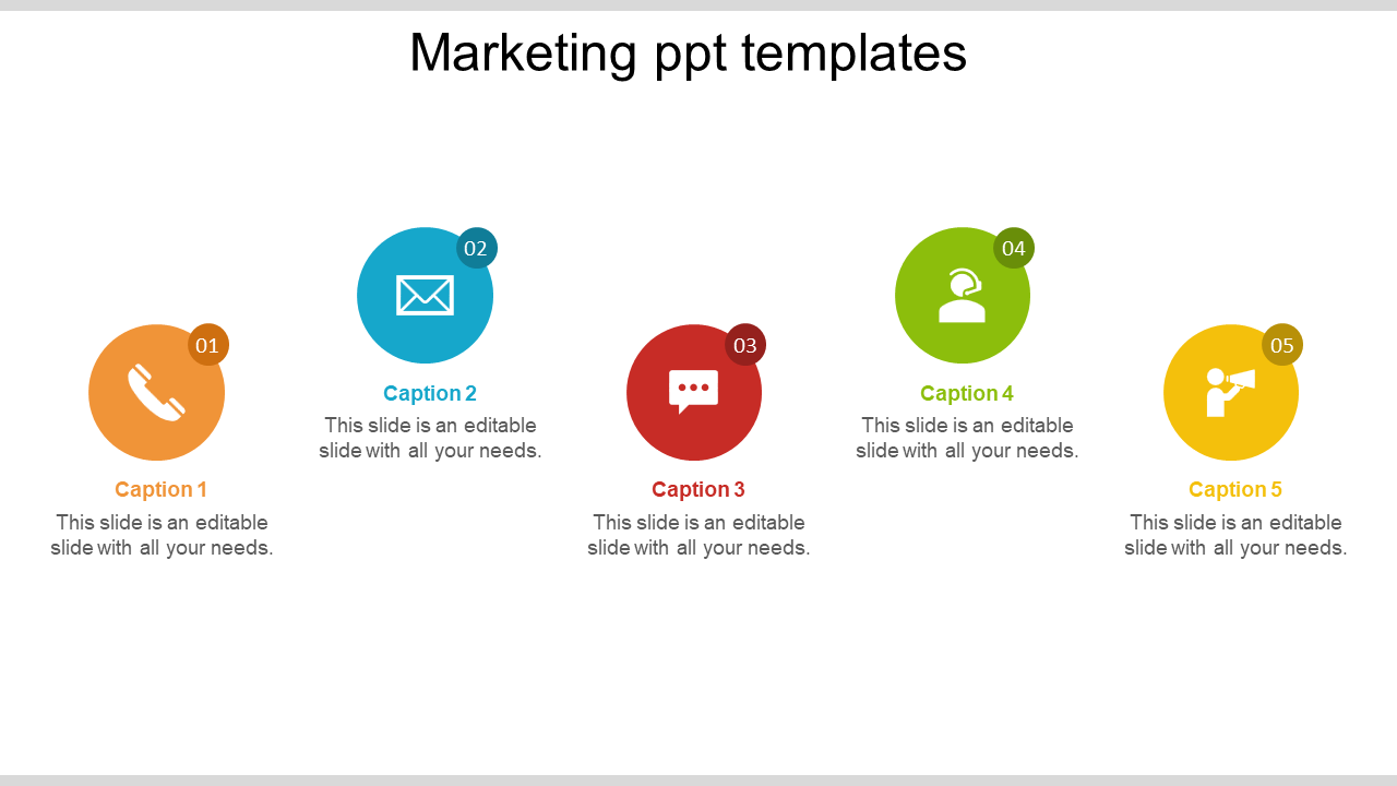 Five marketing icons in circles, including a phone, email, chat bubble, customer support, and megaphone, with captions.