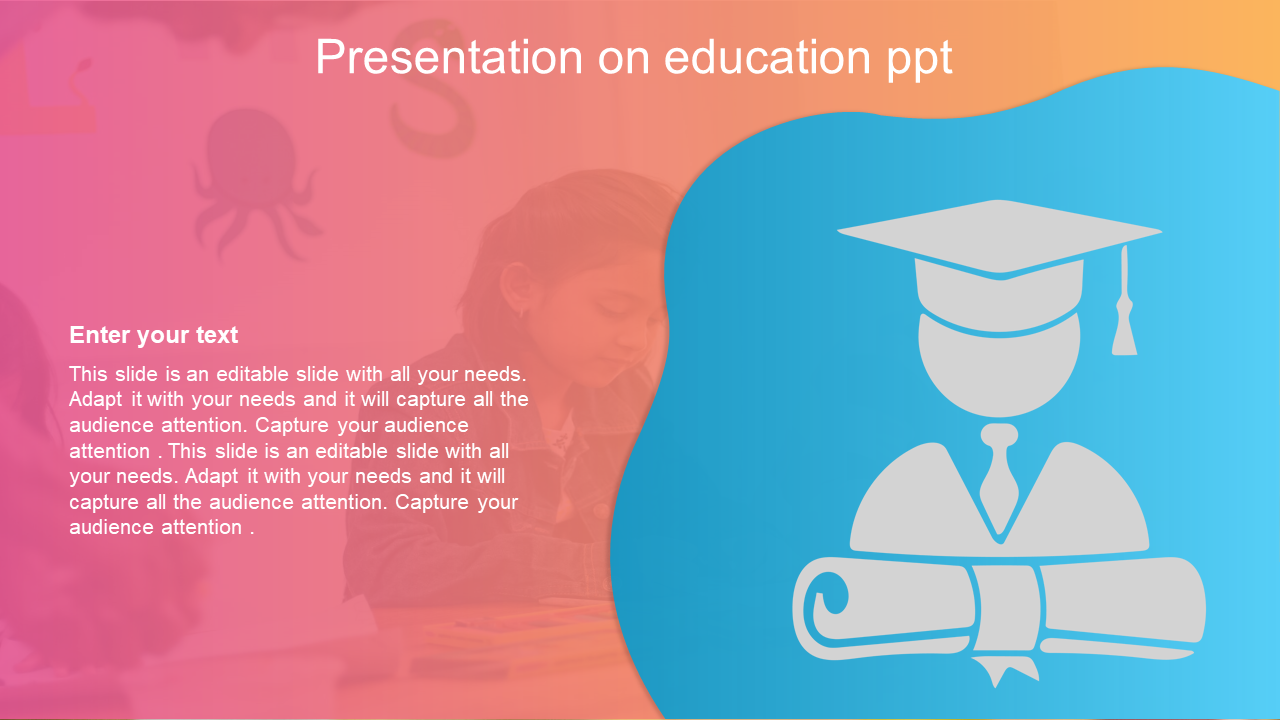 Education slide with a student background, overlaid with an orange blue gradient, large graduate icon, and text placeholders.