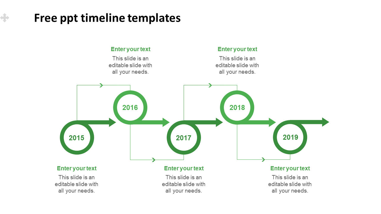Modern green timeline with five year markers in circles, connected by arrows, featuring text areas.