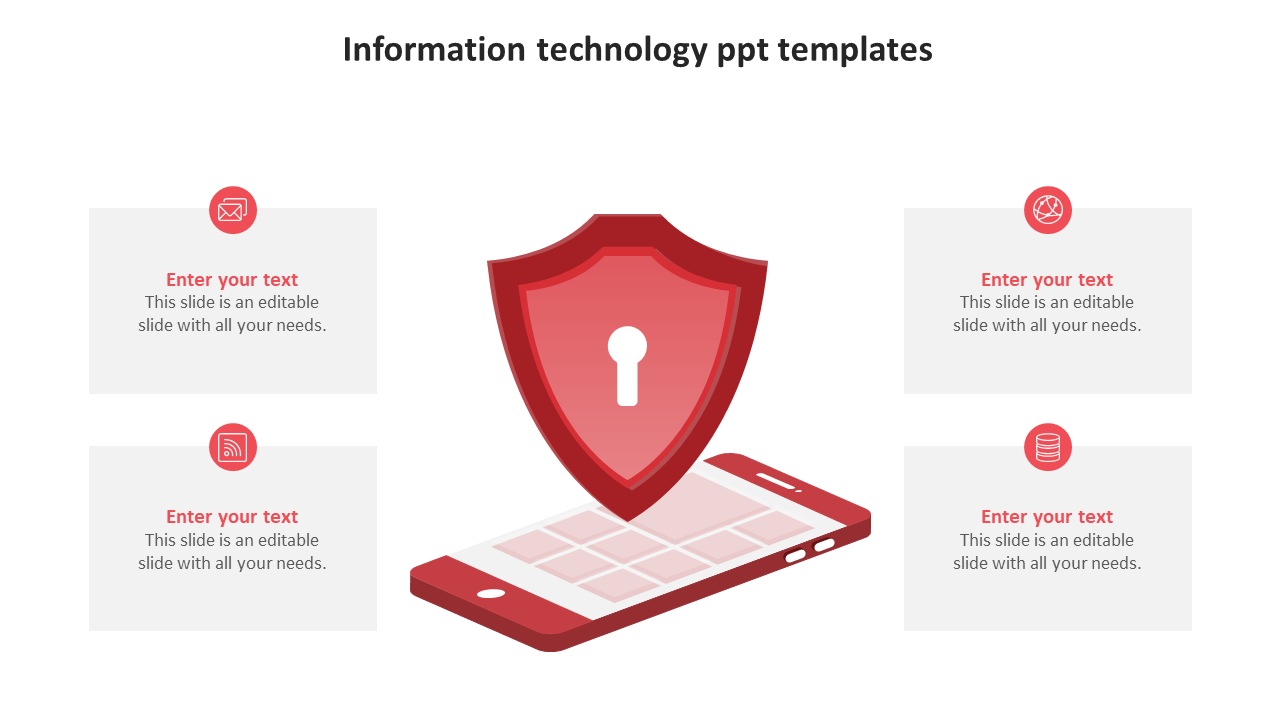 Information technology slide showing red shield with lock on smartphone, surrounded by four red icons with caption boxes.