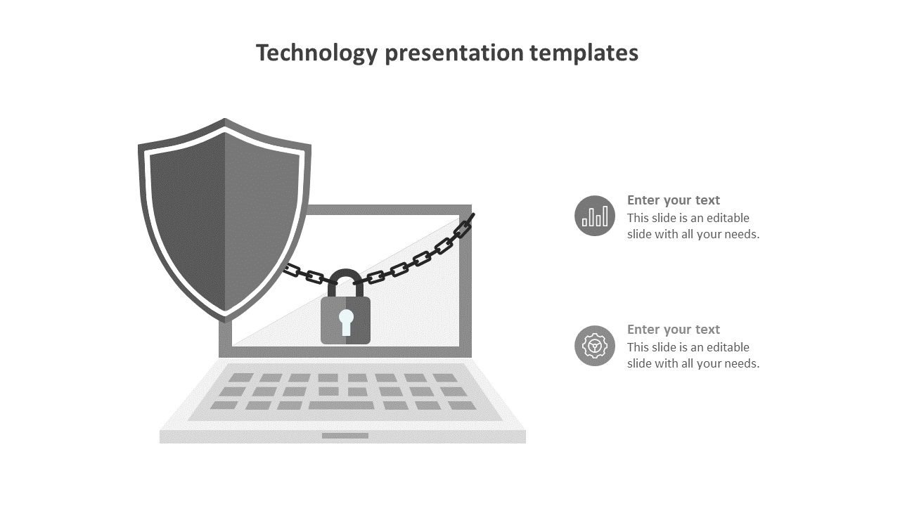 Technology template showing a shield, padlock, and chain over a laptop screen with two cons and text boxes on right.