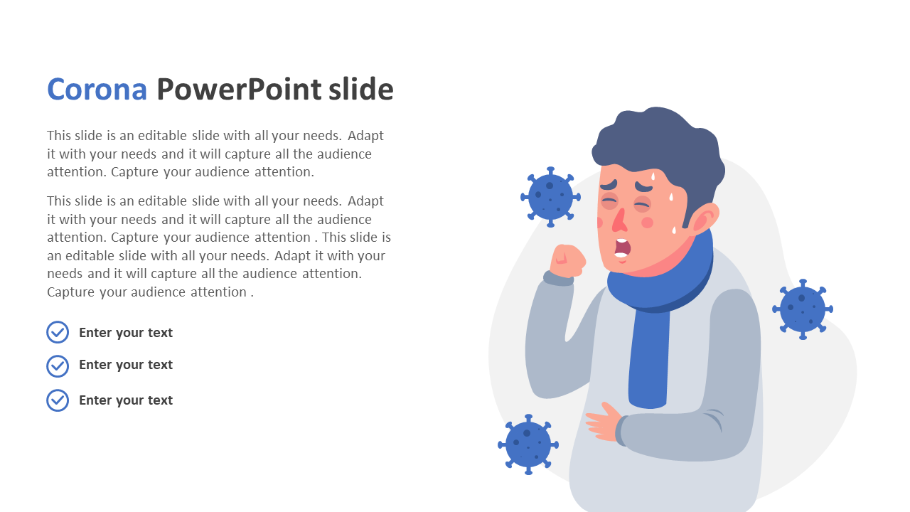 Blue themed slide featuring a sick man with a scarf, surrounded by virus particles, and text area on the left.