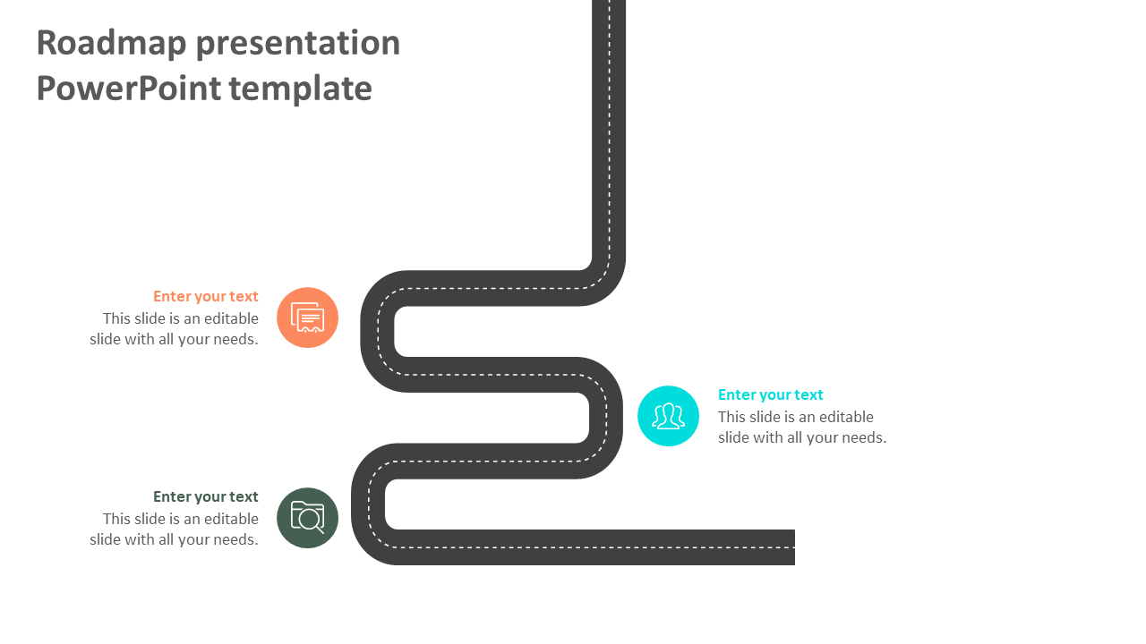 Roadmap slide with a dark winding path, featuring milestone icons in orange, green, and blue, with text placeholders.