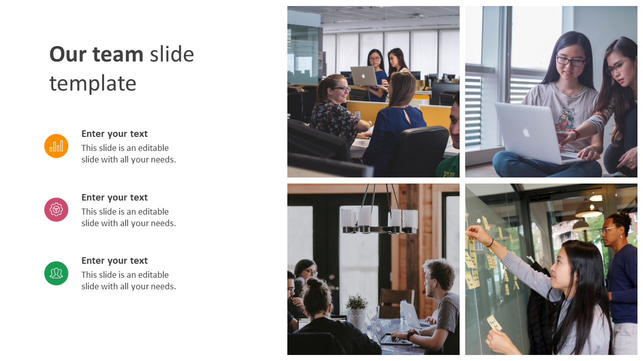 Modern team PowerPoint slide with collaborative work images and text placeholders for team details.