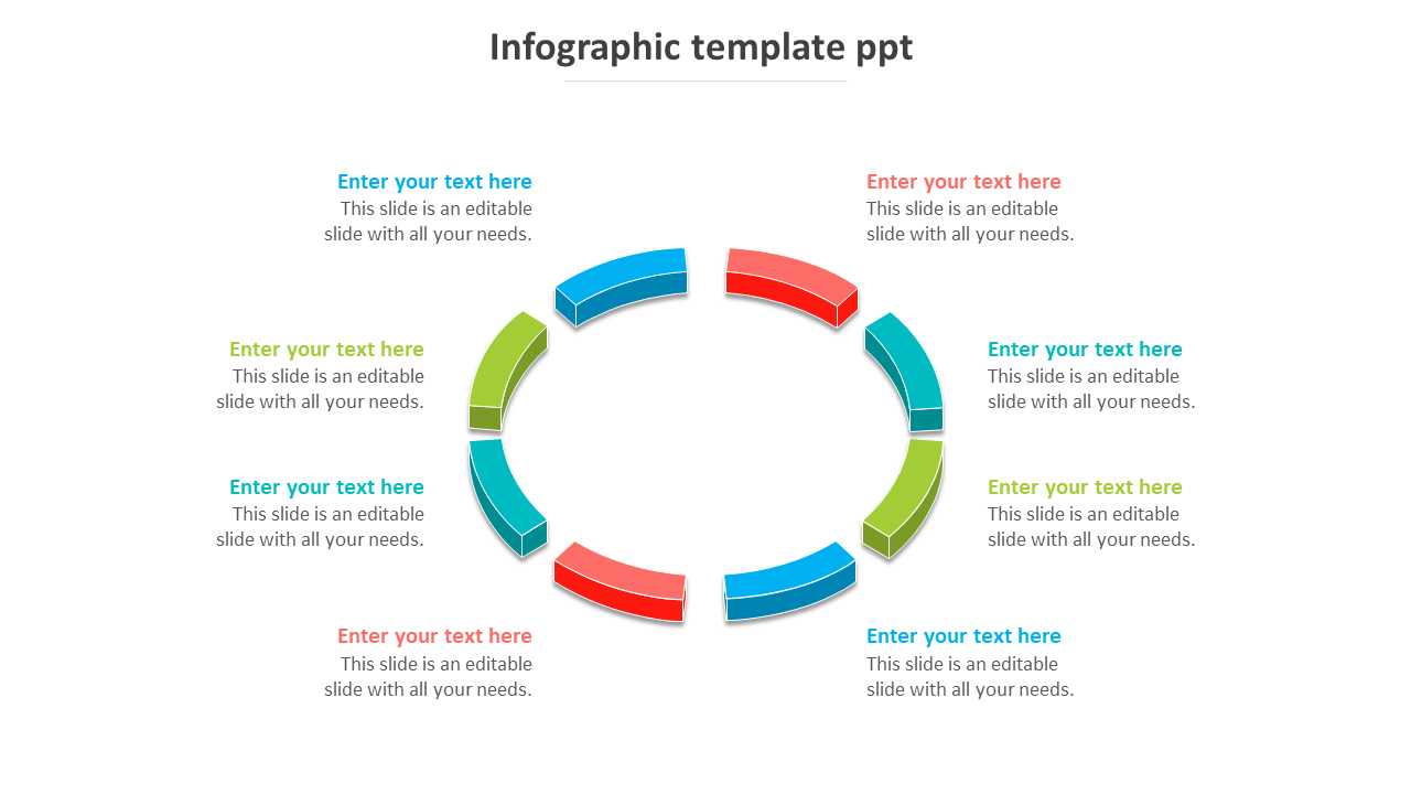 Circular infographic PowerPoint template with segmented, color coded 3D elements and text placeholders on a white backdrop.