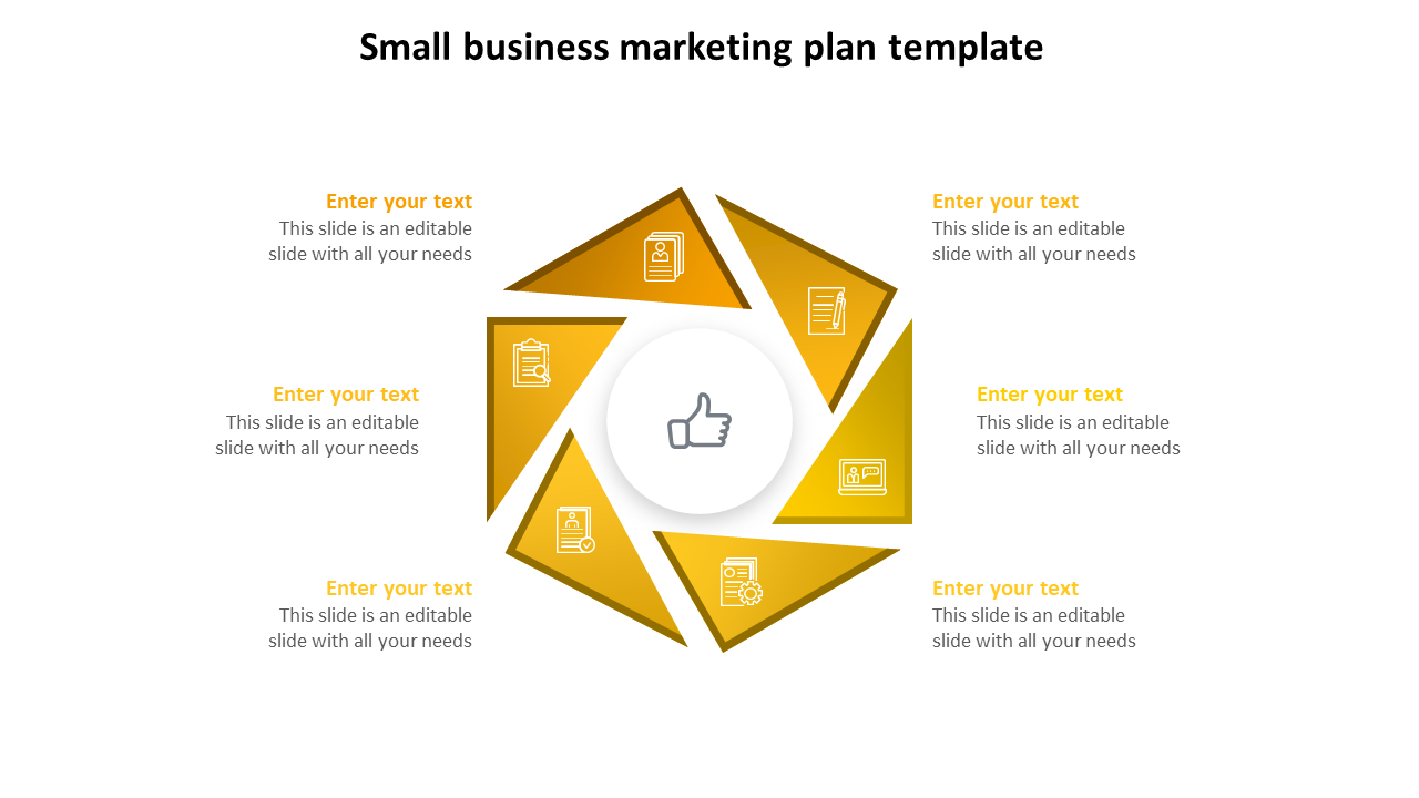 Circular infographic with six golden triangular segments, each with icons, surrounding a thumbs up symbol in the center.