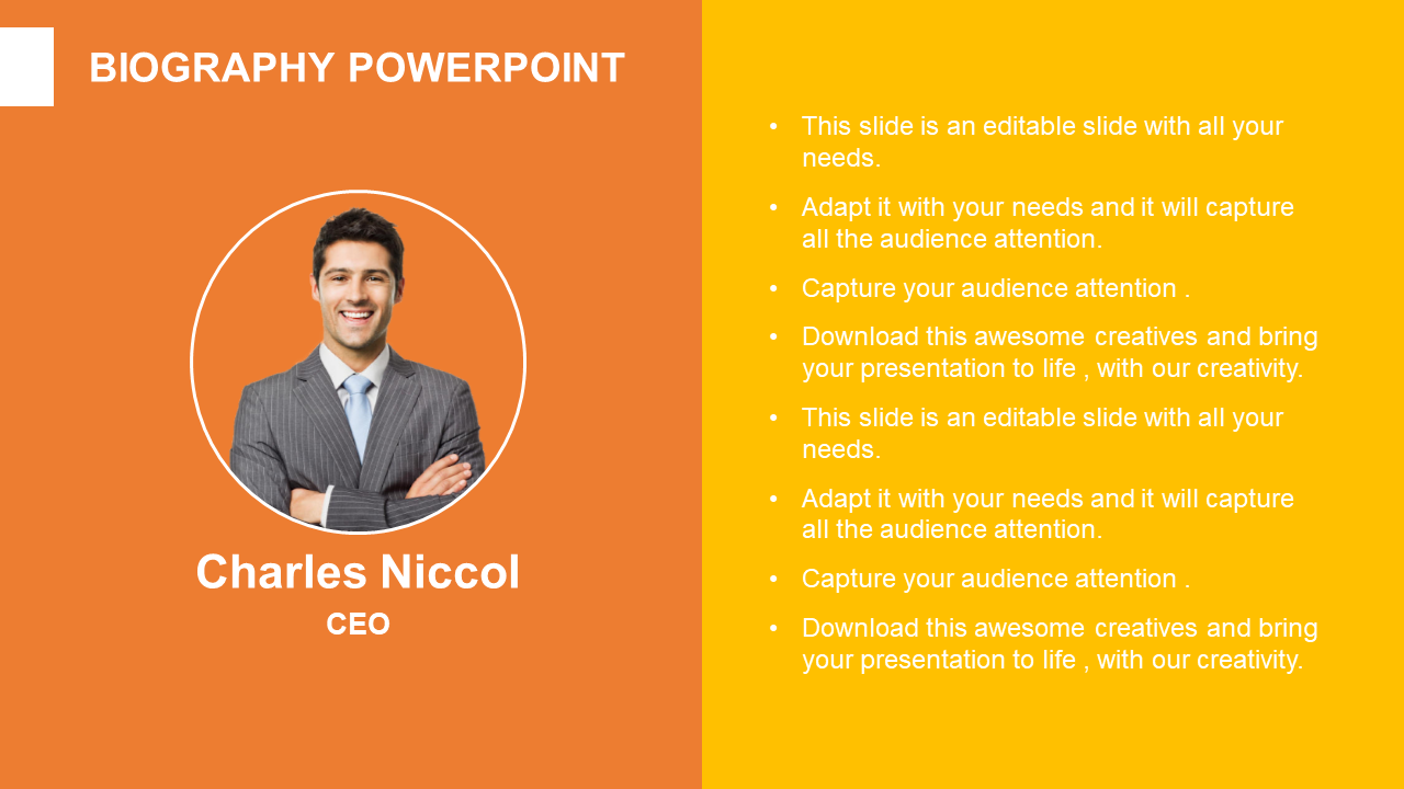 Creative Biography PowerPoint Template Slide With Dual-color Throughout Biography Powerpoint Template