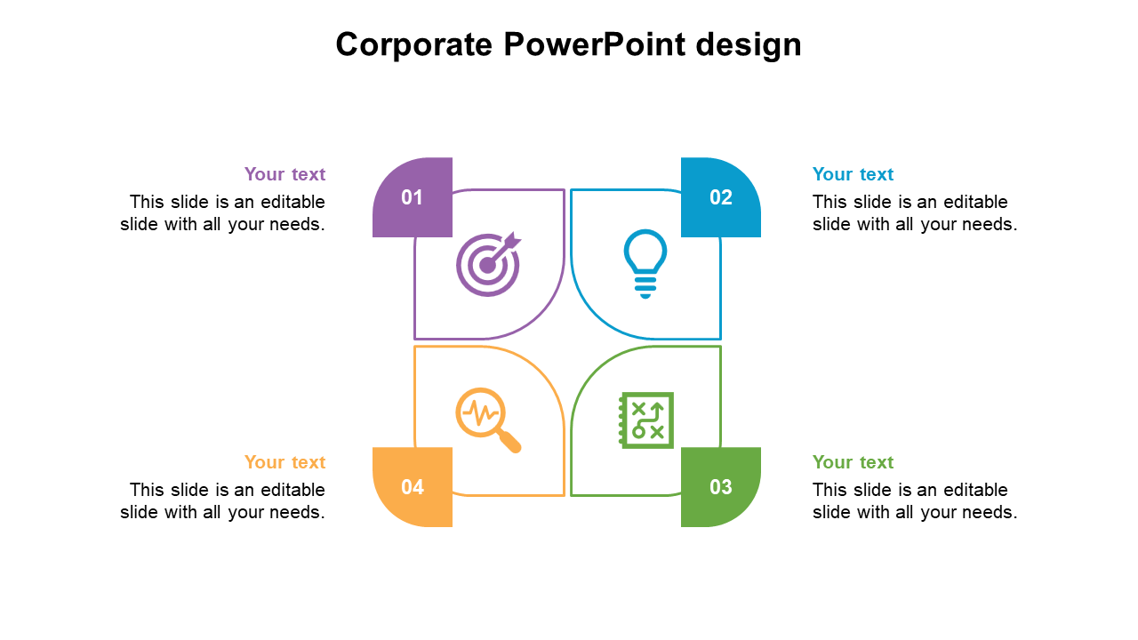 Corporate layout featuring four colorful quadrants in purple, blue, green, and yellow, with icons and text space.