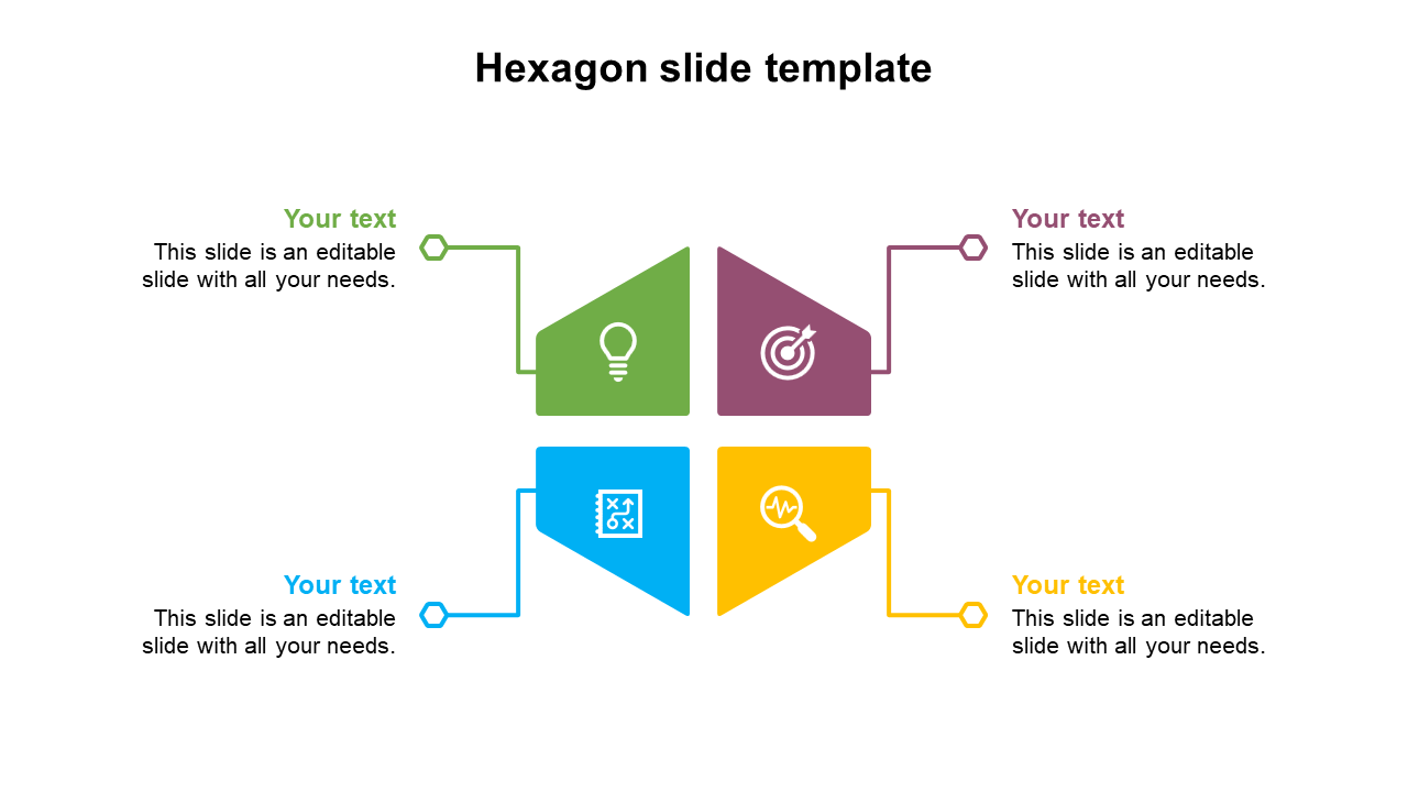Hexagon themed PowerPoint slide with four colorful sections and business related icons on a white backdrop.