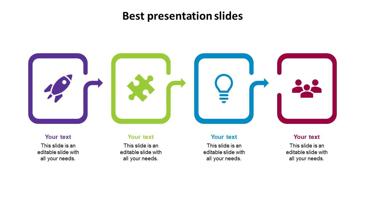Flat design slide with four arrow-shaped boxes and matching icons and placeholder text areas below each. 