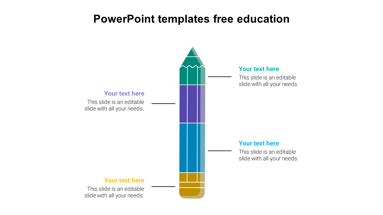 Colorful pencil graphic with placeholder text on a white background for an educational PowerPoint template.